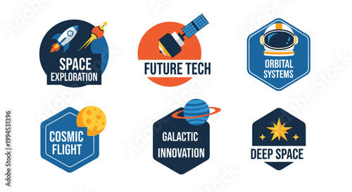 Set of six distinct flat vector emblems featuring space exploration themes with rockets, satellites, astronauts, planets, and stars in vibrant blues, oranges, and yellows,
