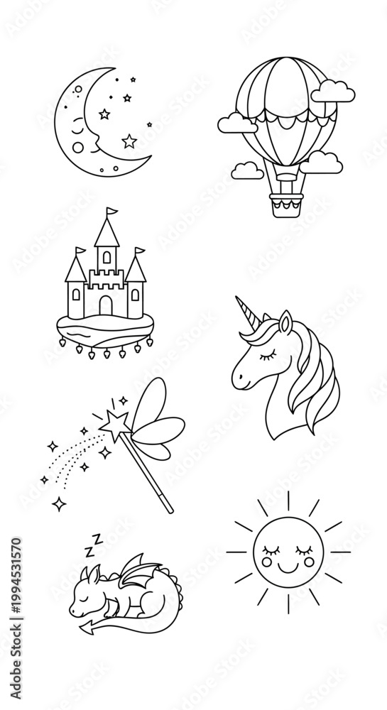 Fototapeta premium Magical Fantasy Elements: Unicorn, Dragon, Castle, Hot Air Balloon, Moon, Sun, Magic Wand