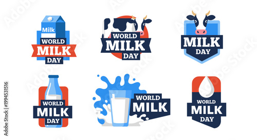 Set of six vibrant emblems celebrating world milk day, featuring milk cartons, a cow, a glass, and a milk drop, all rendered in a flat, modern, and scalable vector illustration