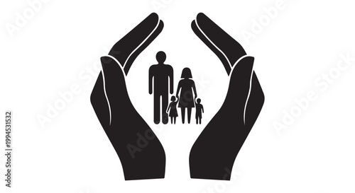 Family in protective hands icon for life insurance and care concept