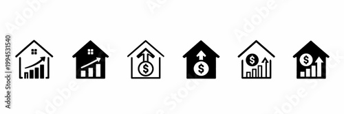Financial growth icons houses with rising charts and currency symbols