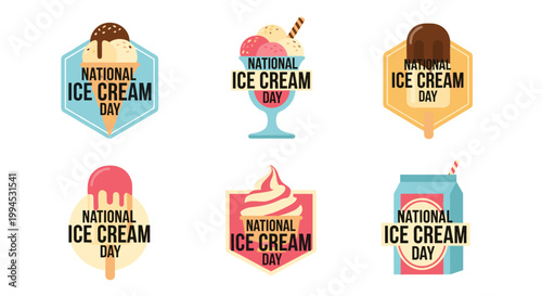 Set of six vibrant ice cream emblems, featuring diverse flavors and shapes, presented within geometric badges, celebrating national ice cream day with a playful, appetizing, and