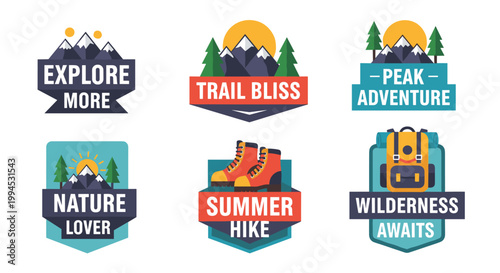 Set of six vibrant outdoor adventure badges featuring mountains, sun, trees, hiking boots, and backpacks, perfect for travel, exploration, and summer activities, designed with