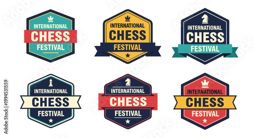 Set of six vibrant, geometric chess festival badges, featuring a crown, star, and ribbon elements, designed with bold colors and clean lines for promotional materials, event