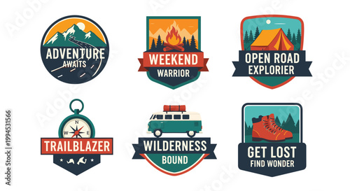 Set of six vibrant outdoor adventure emblems, featuring mountain landscapes, compass, campfire, tent, camper van, and hiking boot, perfect for travel, exploration, and weekend