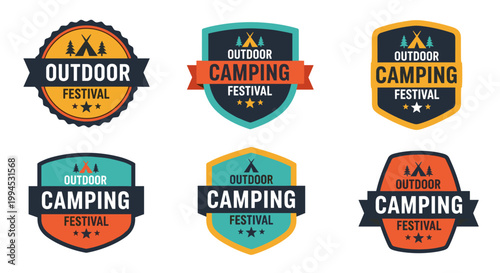 Set of six vibrant outdoor camping festival emblems, featuring tents, trees, and stars, presented in a retro badge style with a bold color palette of teal, orange, and yellow,