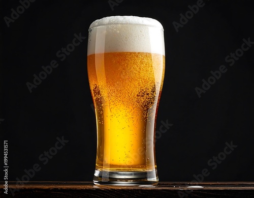 Glass of beer with foam on top.