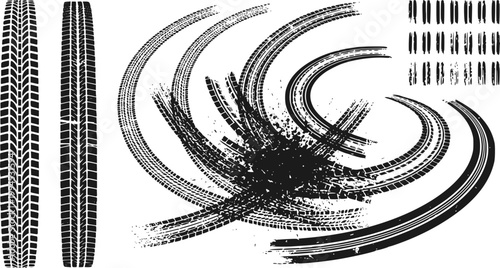 Large set of grunge tire tracks, curved skid marks and dirt splatters