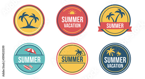 Set of six vibrant summer vacation circular badges, featuring palm trees, sun, and beach elements, in a retro, flat design style, using a cheerful color palette of yellow, red,