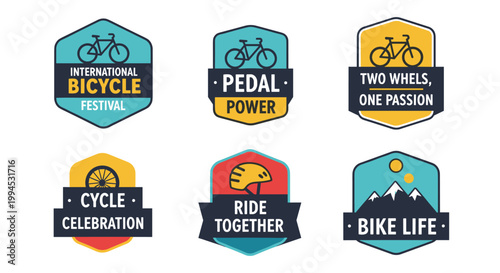 Vibrant collection of bicycle-themed emblems, showcasing a diverse array of cycling-related concepts, featuring clean lines, bold colors, and scalable vector elements perfect for