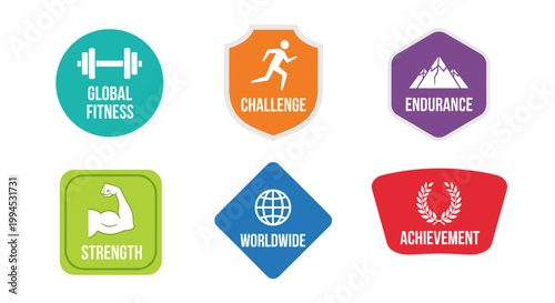 Vibrant collection of fitness, challenge, endurance, strength, worldwide, and achievement icons. these scalable vector graphics showcase clean lines, bold colors, and a modern