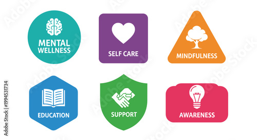 Vibrant collection of six distinct vector icons representing mental wellness, self-care, mindfulness, education, support, and awareness with clean lines and bold, contrasting