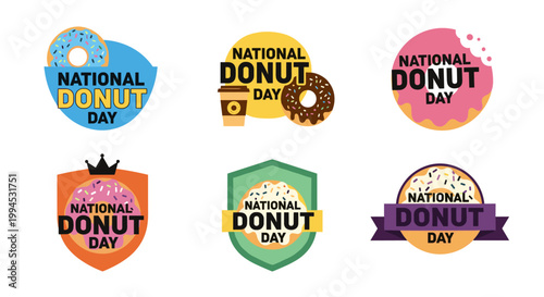Vibrant collection of six national donut day emblems, featuring colorful donuts with sprinkles, coffee cup, and various banner designs, perfect for bakery promotions and sweet