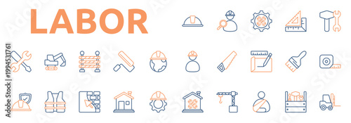 Labor icon set color outline style with safety, helmet, worker, search, mechanic, triangle, ruler, equipment, engineer icons