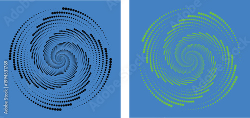 Abstract spiral patterns a diptych of blue and green swirling designs