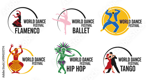 Vibrant collection of world dance festival logos showcasing diverse dance styles including flamenco, ballet, hip hop, tango, and other energetic performances, perfect for event