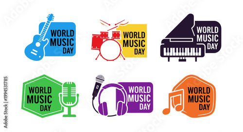 Vibrant collection of world music day emblems, showcasing a guitar, drum set, piano, microphone, headphones, and musical notes in a colorful, modern vector illustration style,