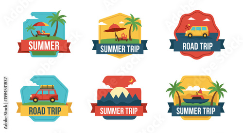 Vibrant summer travel badges featuring beach umbrellas, palm trees, cars, mountains, and boats, rendered in a flat, colorful style, perfect for vacation promotions and