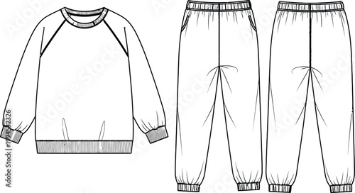 Technical fashion illustration of sweatshirt and jogger pants set