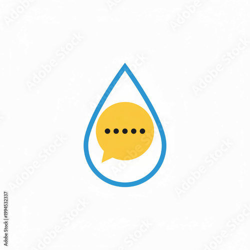 Water drop icon with yellow speech bubble and five black dots, simple flat graphic for customer support messaging