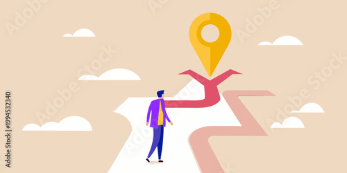 A man contemplates a diverging path indicated by a location marker