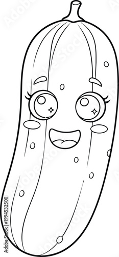 Cartoon cucumber with a face a whimsical black and white illustration