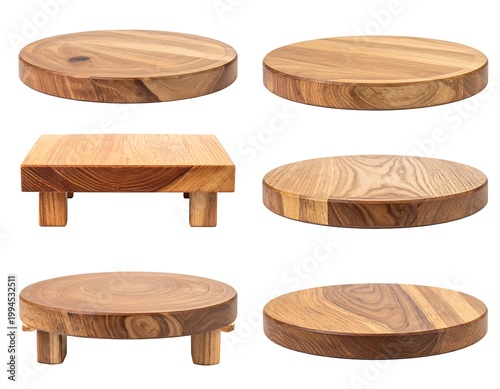Wooden cake stands and serving plates.