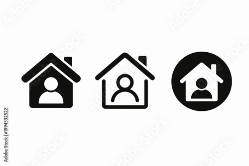 Home with person icon set black and white vector illustrations