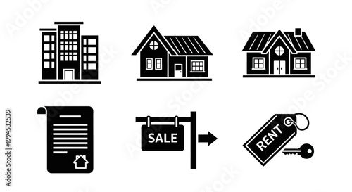 Real Estate Icons: House, Apartment Building, Sale Sign, Rent Tag, Key, Document