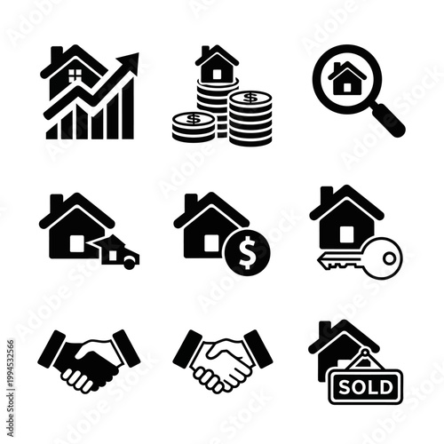 Real Estate Icons: House, Graph, Money, Car, Key, Handshake, Sold Sign
