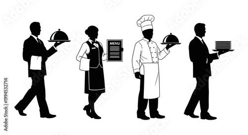 Restaurant Staff Silhouettes: Chef, Waiters, and Waitress with Menu and Trays