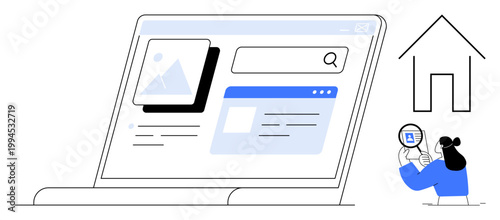 Search interface concept. Search engine interface with navigation tools and user examining a screen. Search plays a central role in browsing and discovery. For online services, tech education, UX
