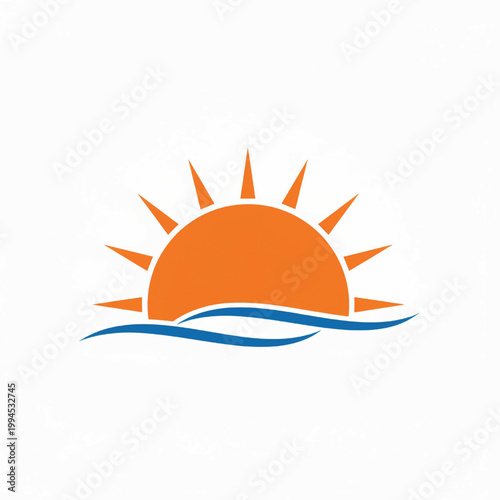 Sunrise icon with orange sun rays over blue ocean waves, bright handmade style for summer and beach branding