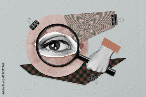 Quadro em tela Creative full art image collage of hand hold magnifier zoom lens eyeball stare c