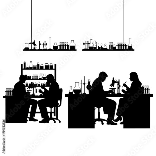 Scientists working in a laboratory with glassware and equipment