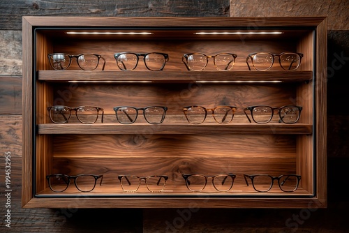 Display of eyeglasses in optical store, eyewear collection background