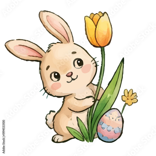 Cute cartoon easter bunny holding a basket of colorful eggs smiling happily in a fun playful style