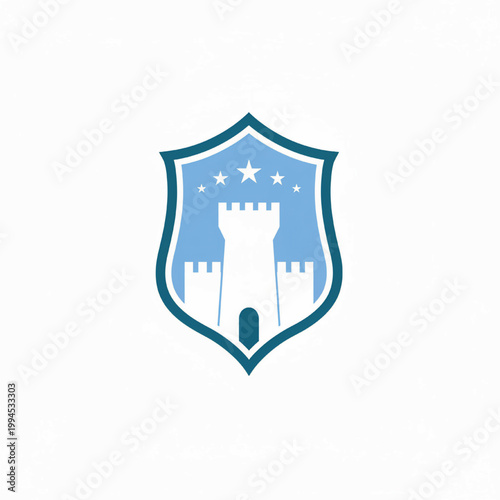Shield badge icon with blue castle, starry banner top, and white fortress silhouette in flat vector style
