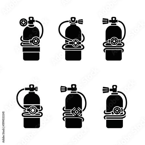 Set of Black Scuba Diving Oxygen Tanks Icons, Underwater Equipment Silhouettes