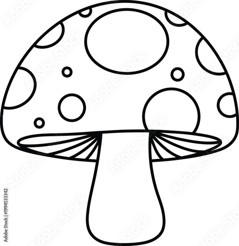 Charming black and white illustration of a spotted mushroom simple line art style