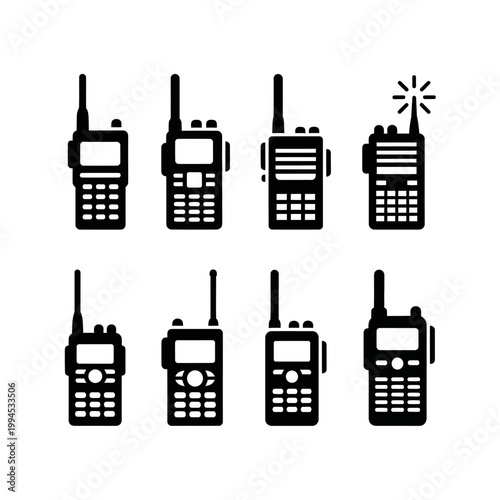 Set of diverse walkie-talkie icons, communication devices, graphic illustration