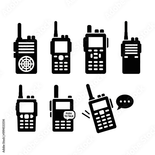 Set of diverse walkie-talkie icons, communication devices, radio technology