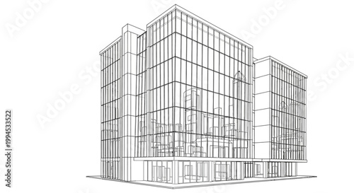 Architectural wireframe drawing of a modern glass office building on a white background.