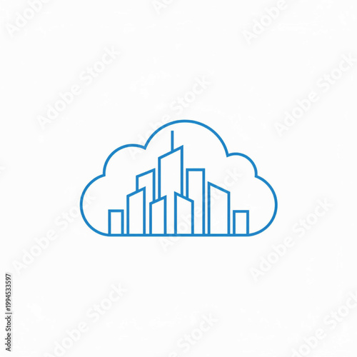 Cloud computing city skyline logo with blue line icons for technology, analytics, and digital transformation