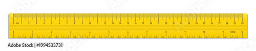 Realistic yellow plastic tape ruler isolated on transparent background. Double sided measurement in cm and inches. Vector PNG