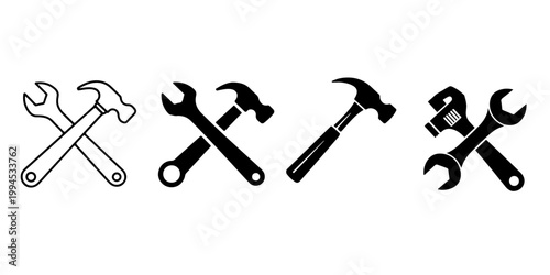 Crossed hammer and wrench tools icon set in silhouette and outline styles representing repair maintenance construction and mechanical service