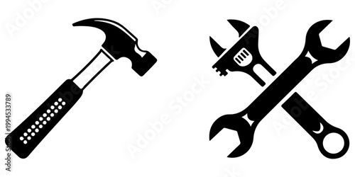 Crossed hammer and wrench tools icon set in silhouette and outline styles representing repair maintenance construction and mechanical service