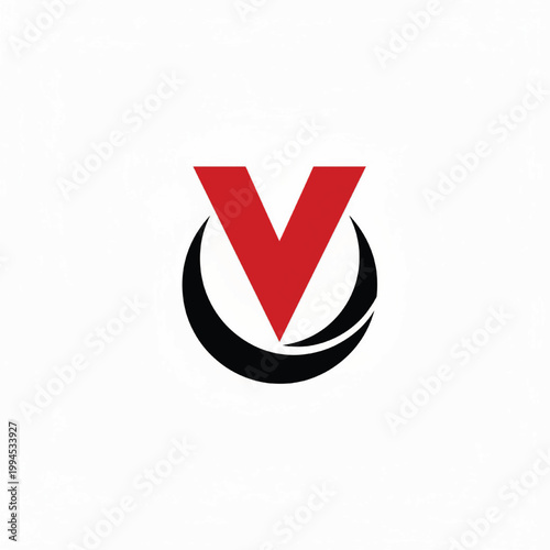 Letter V icon with red bold V and black circular underline for handmade style branding and logo design
