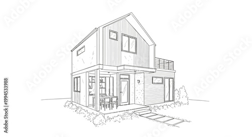 Detailed line drawing of a modern two-story house with a pitched roof, balcony, and outdoor patio area, set against a white background.