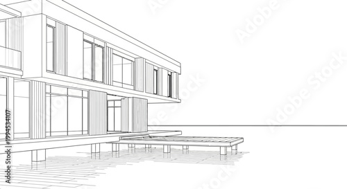Architectural sketch of a modern house built over water with a minimalist design and large windows.